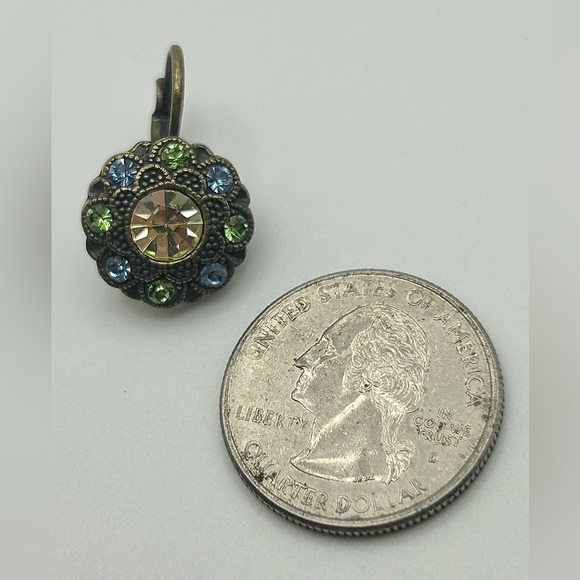 Green and Blue Crystal Studded Oxidized Gold Tone Drop Earrings - Picture 7 of 9